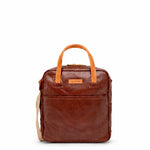 Brown leather bag with orange handles on a white background