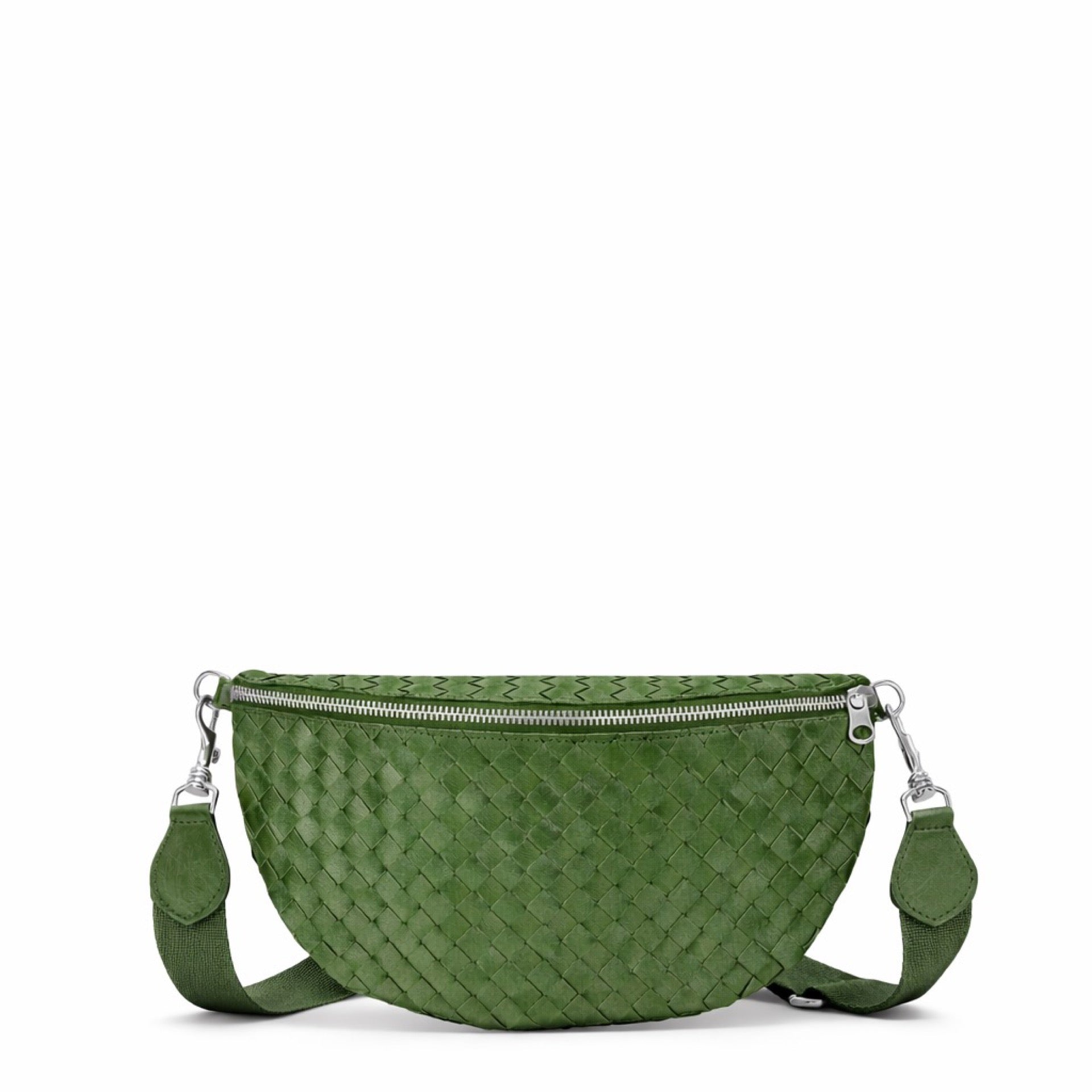 Green textured waist bag with a strap on a white background
