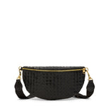 Black woven sling bag with gold zipper on a white background