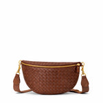 Brown woven handbag with gold zipper on a white background