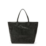 Black woven tote bag with leather handles on a white background