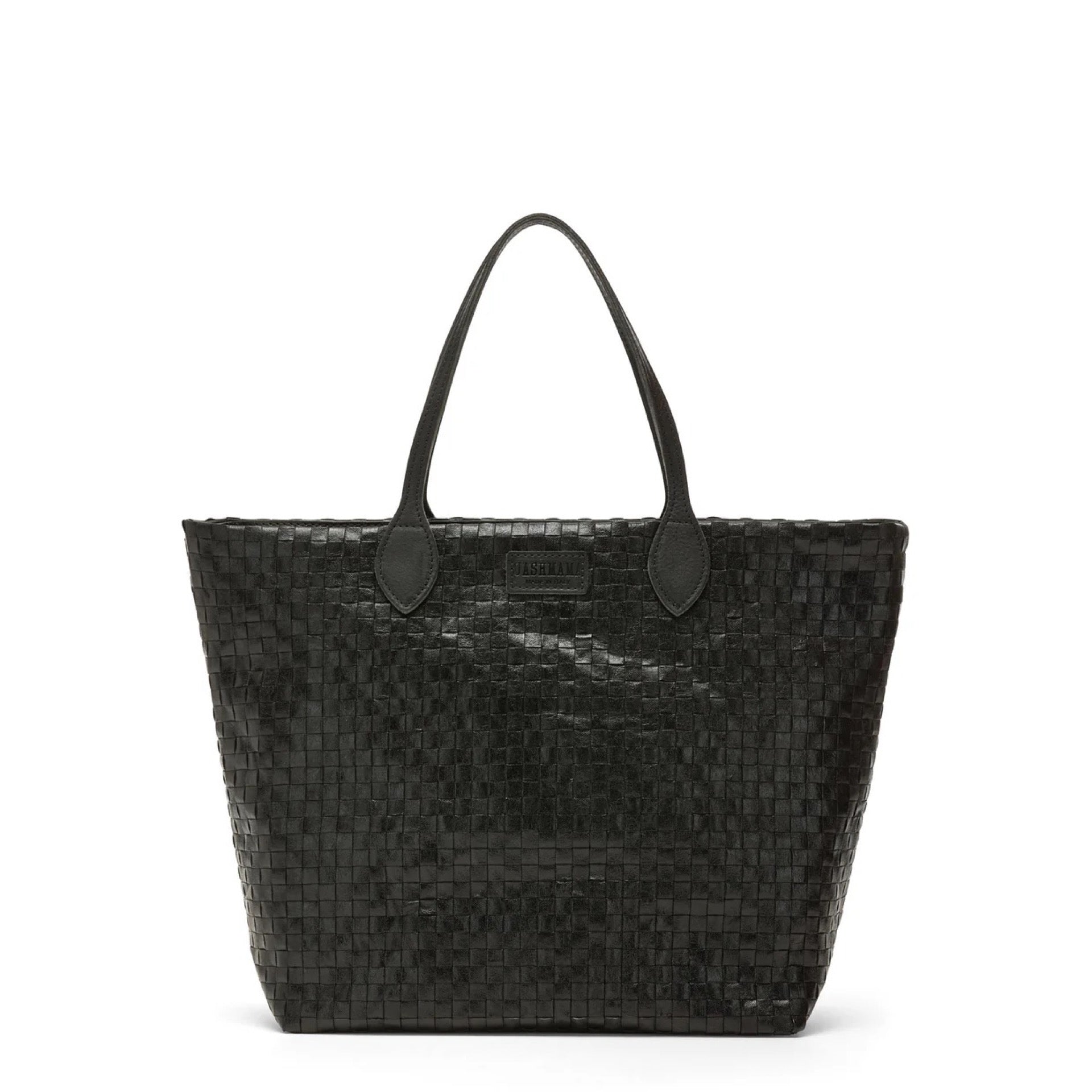 Black woven tote bag with leather handles on a white background