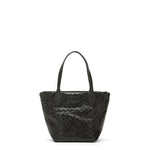 Black woven handbag on a white background