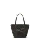 Black woven handbag on a white background