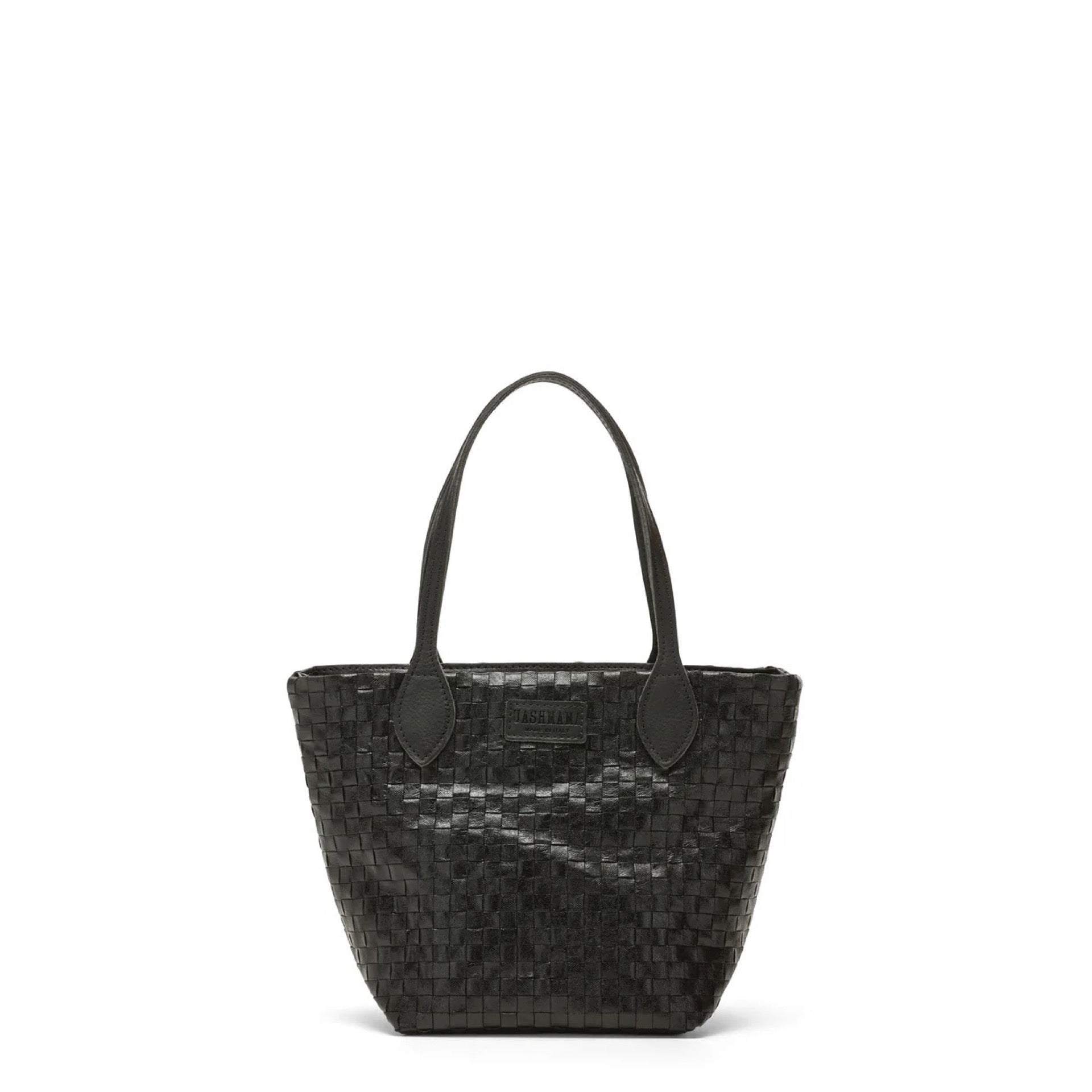 Black woven handbag on a white background