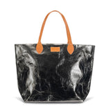 Metallic dark grey tote bag with brown handles on a white background