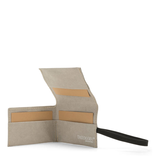 A grey washable paper card holder is shown open from the front angle. It features a black elastic side strap and the white UASHMAMA logo stamped on the inside bottom right.