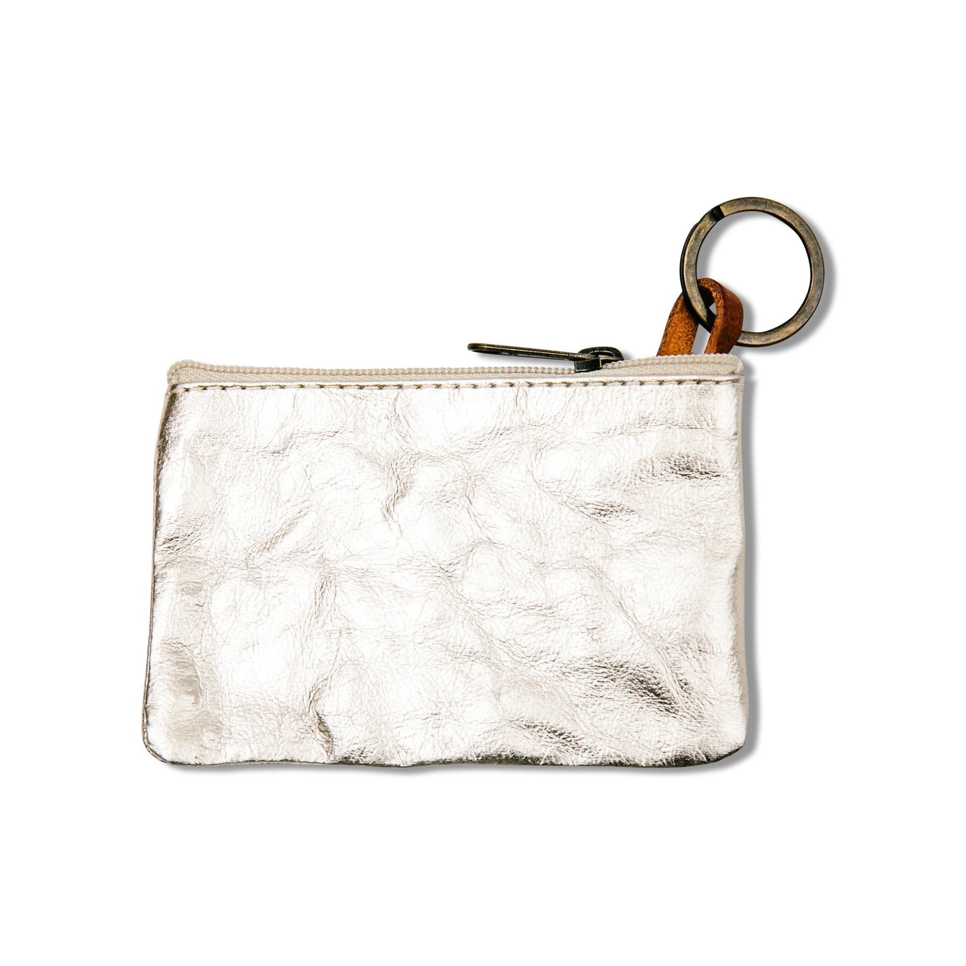 A silver metallic washable paper small pouch is shown with a keyring attachment and zip closure.