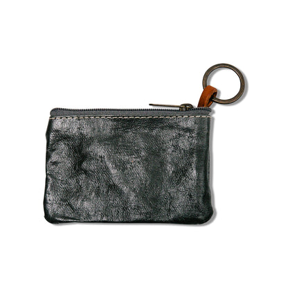 A black metallic washable paper small pouch is shown with a keyring attachment and zip closure.