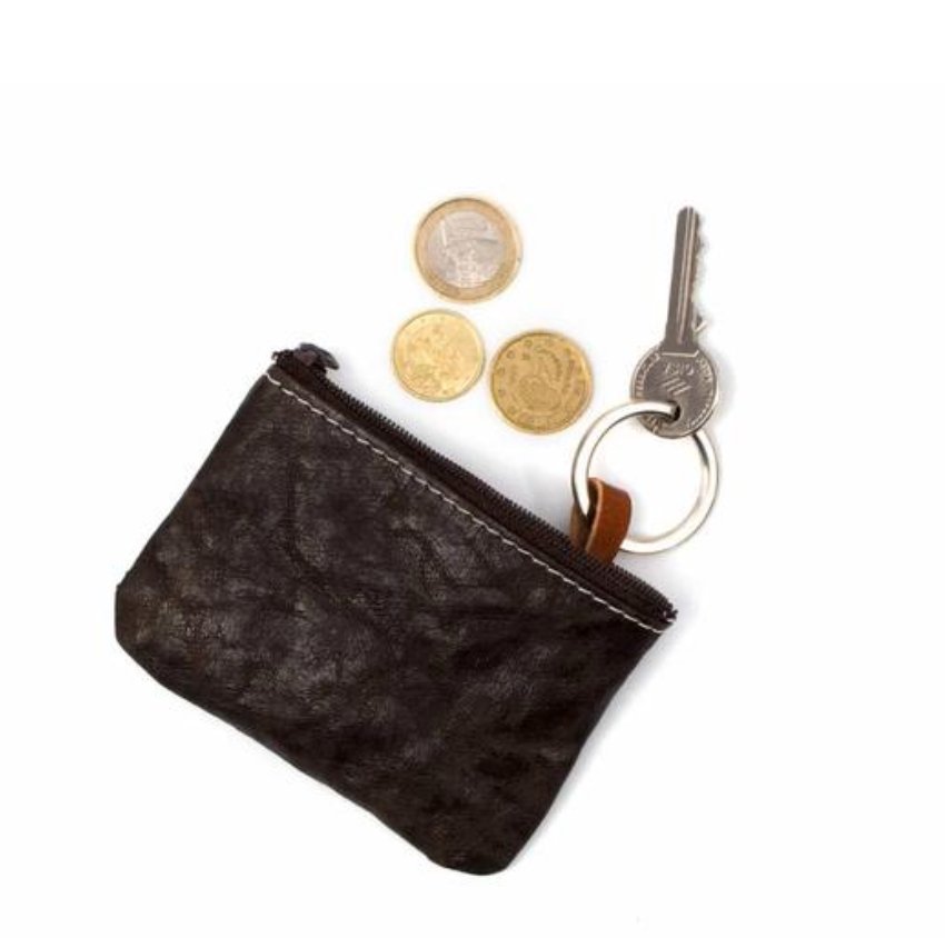 A black washable paper coin purse is shown with three coins at the side. The pouch features an attached keyring at right.