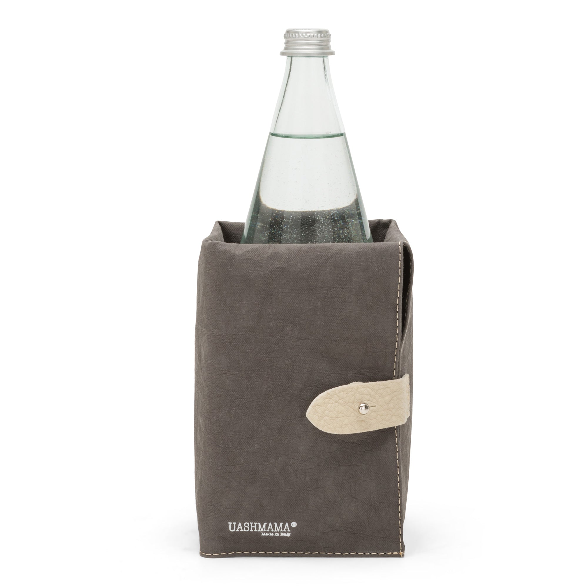 A dark grey washable paper cooler is shown with a washable paper side tab with silver stud. It contains a glass water bottle.