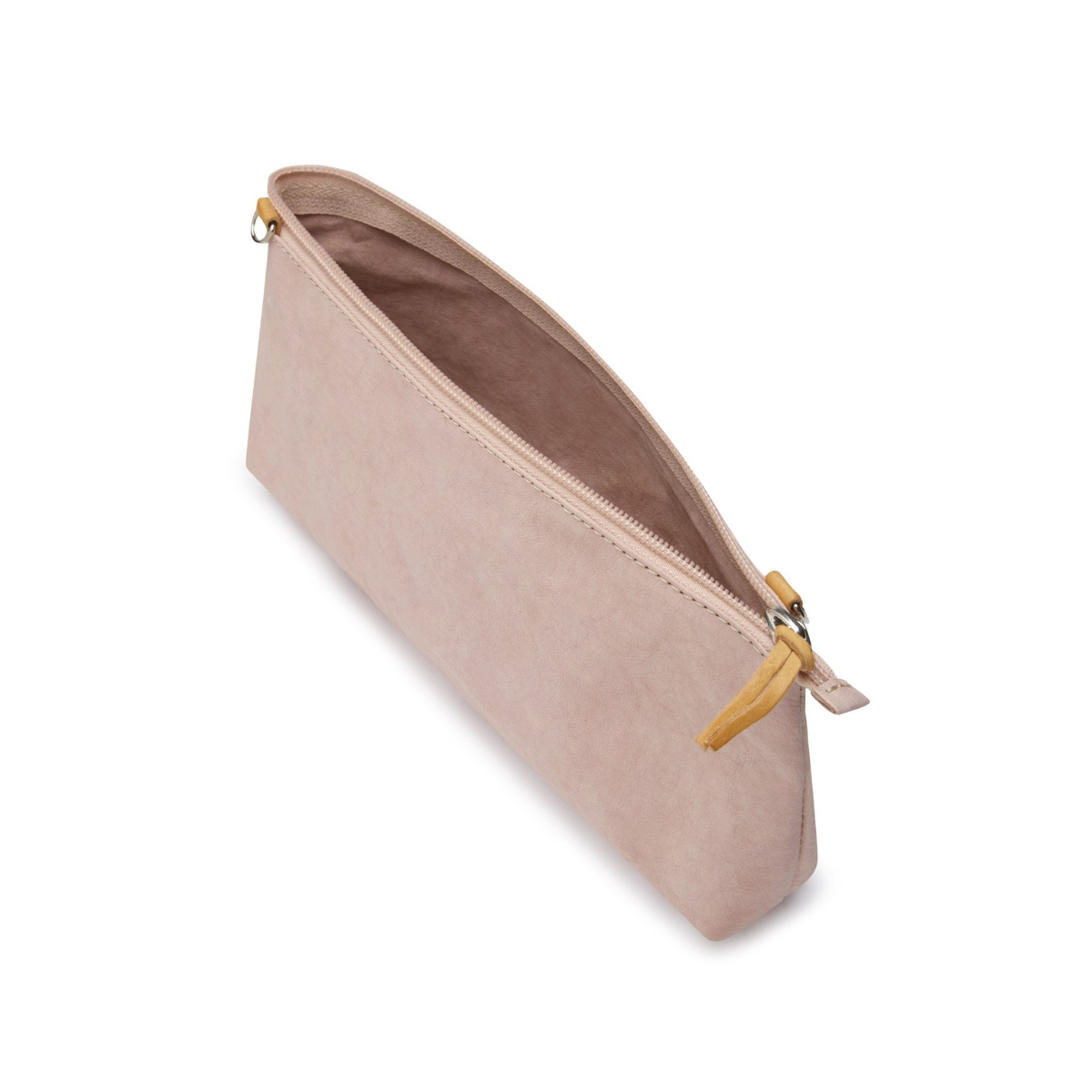 A washable paper bag in pale pink is shown with the strap removed, open and unzipped with a tan zip toggle.