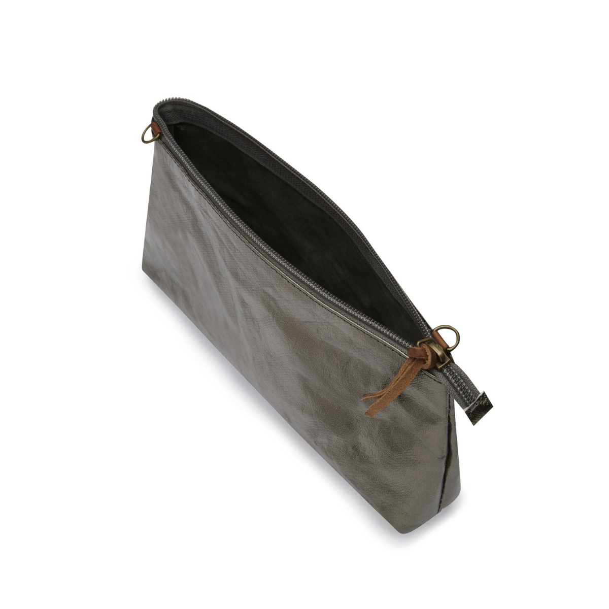 A washable paper bag in metallic black is shown with the strap removed, open and unzipped with a tan zip toggle.