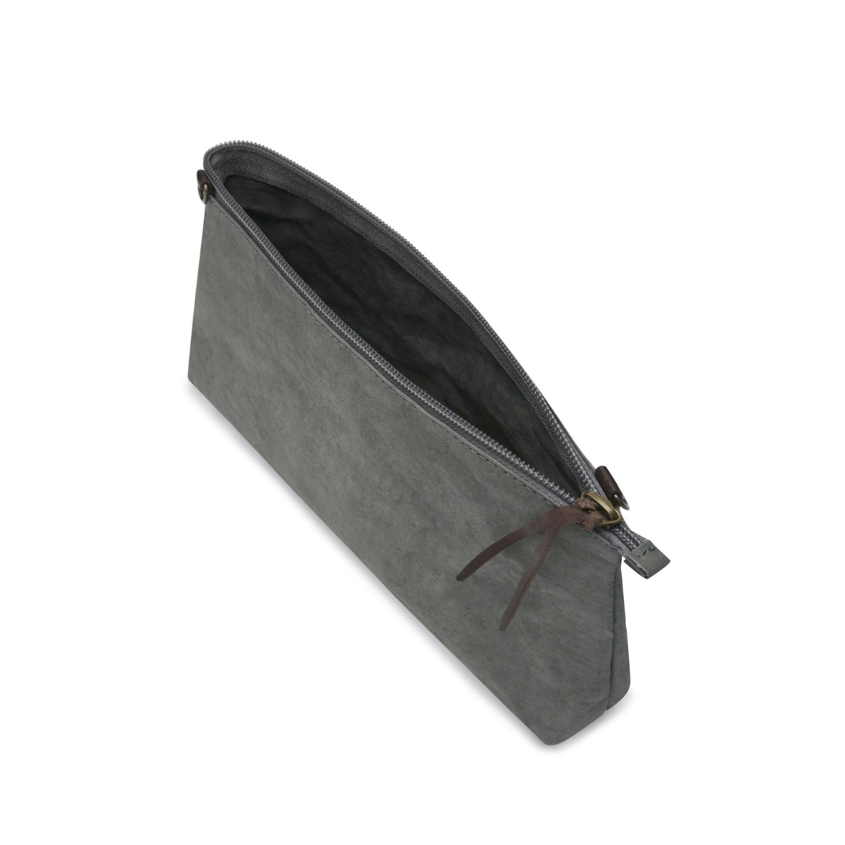 A washable paper bag in grey is shown with the strap removed, open and unzipped with a chocolate brown zip toggle.