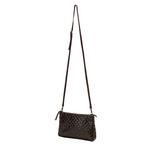 A chocolate brown woven washable paper small zip top handbag is shown with a long brown washable paper strap.