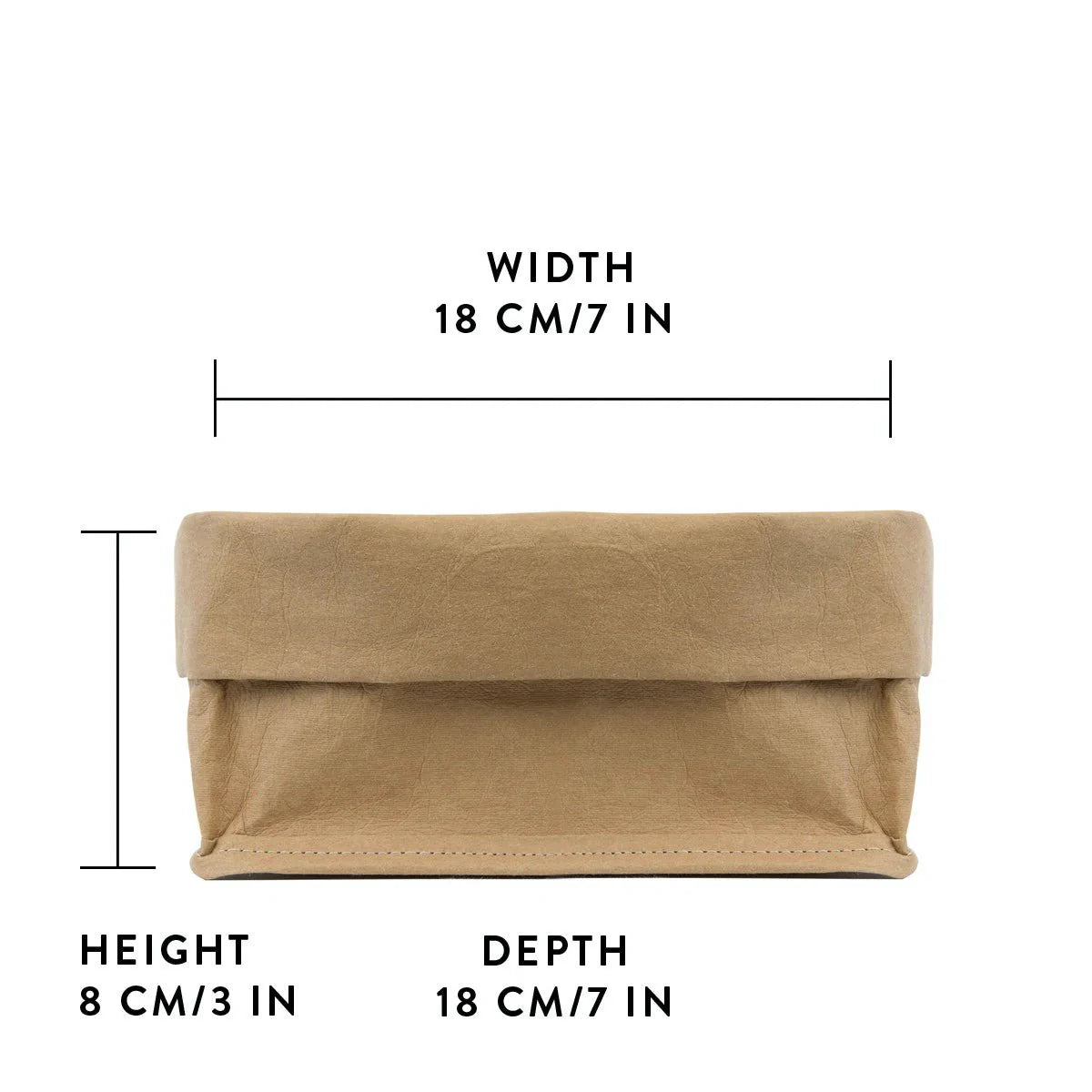 A roll-top washable paper tray is shown in tan from a side angle, with a graphic displaying its size - 18cm wide x 8cm tall x 18cm deep.