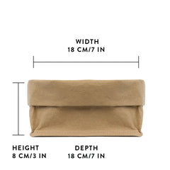 A roll-top washable paper tray is shown in tan from a side angle, with a graphic displaying its size - 18cm wide x 8cm tall x 18cm deep.