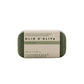 An rectangular bar of soap with rounded corners is shown wrapped in a paper wrapper. It is olive green in colour.
