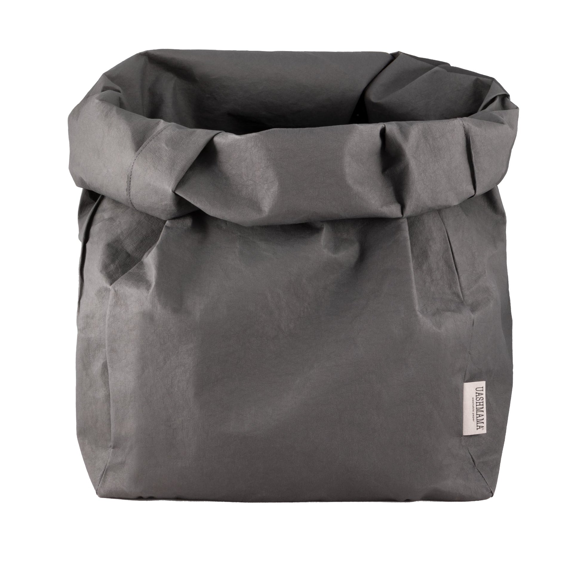 A washable paper bag is shown. The bag is rolled down at the top and features a UASHMAMA logo label on the bottom left corner. The bag pictured is the gigantic size in dark grey.