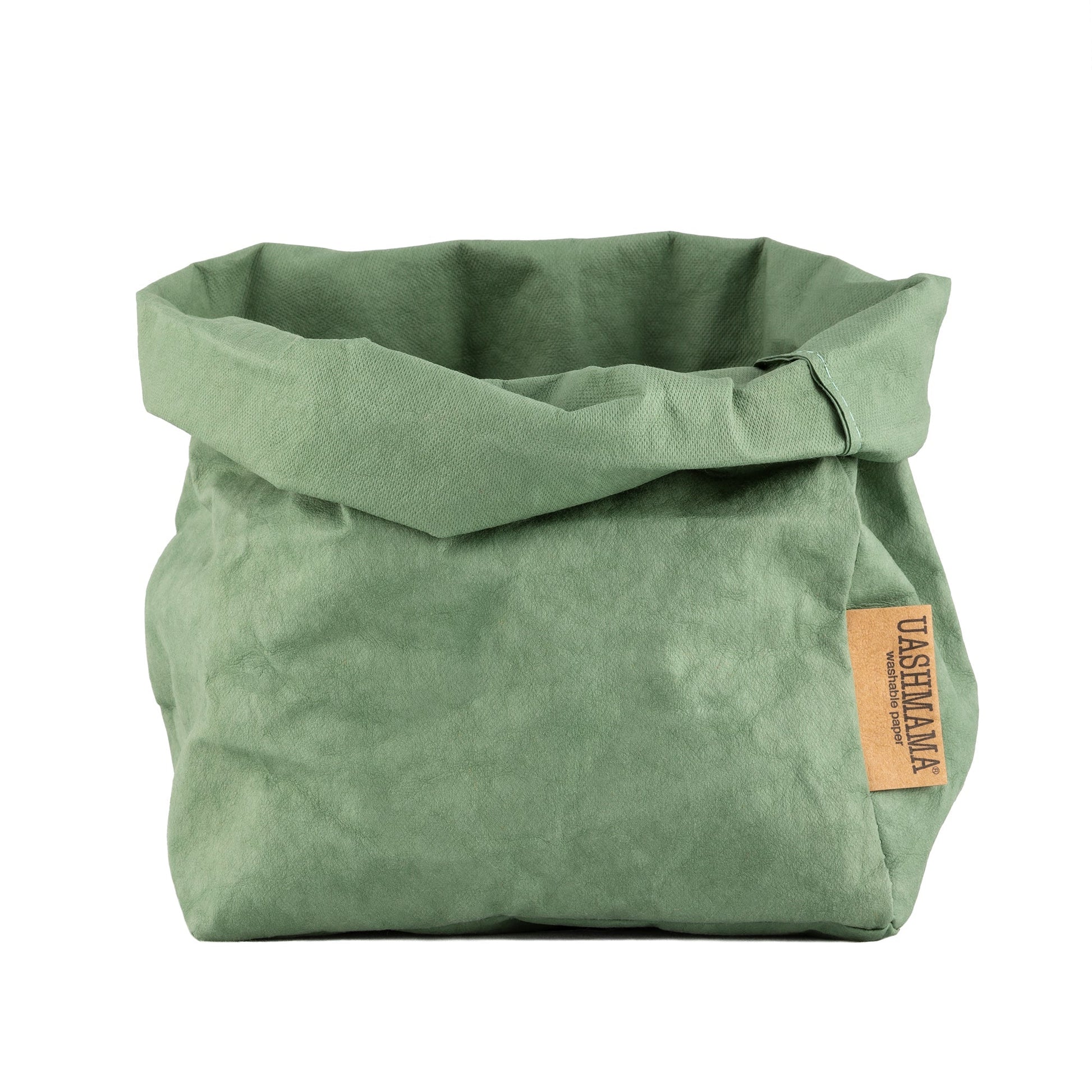 A washable paper bag is shown. The bag is rolled down at the top and features a UASHMAMA logo label on the bottom left corner. The bag pictured is the medium size in green.
