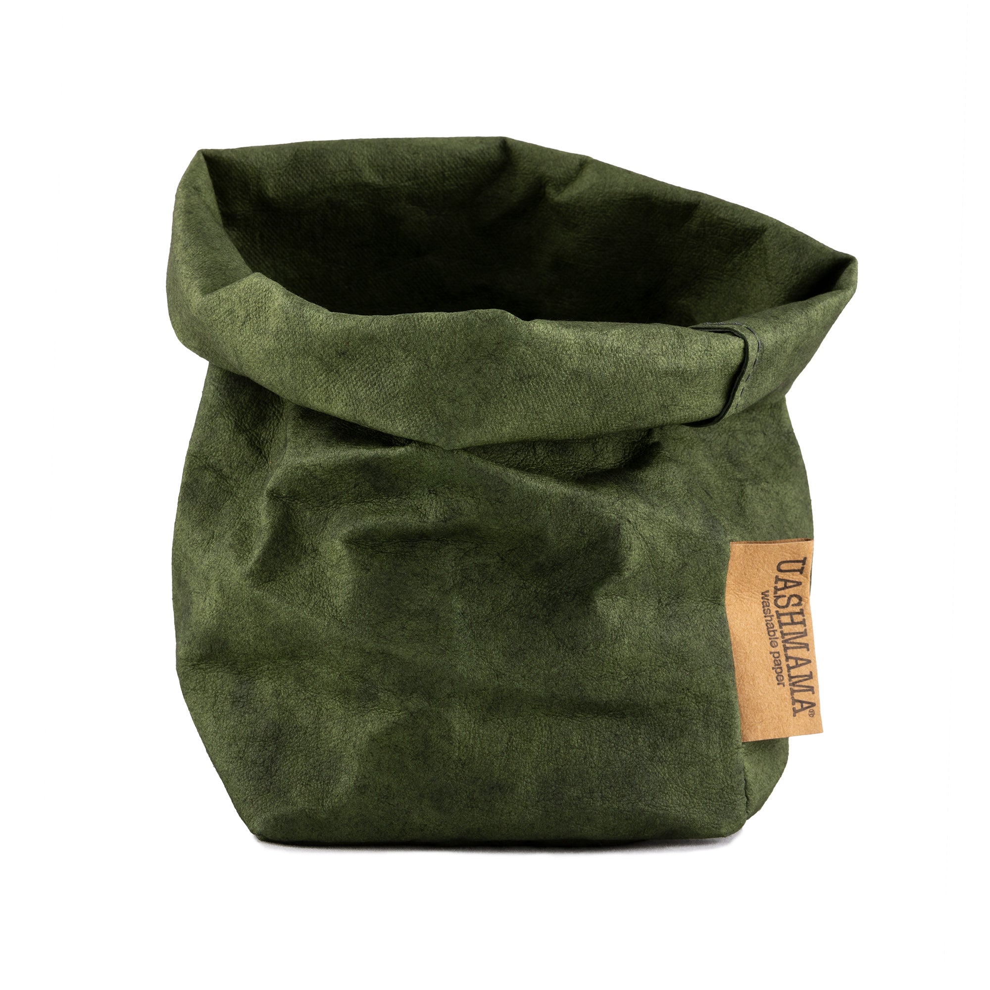 A washable paper bag is shown. The bag is rolled down at the top and features a UASHMAMA logo label on the bottom left corner. The bag pictured is the small size in dark green,