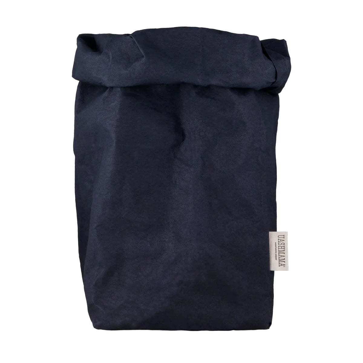 A washable paper bag is shown. The bag is rolled down at the top and features a UASHMAMA logo label on the bottom left corner. The bag pictured is the extra extra large size in dark blue.