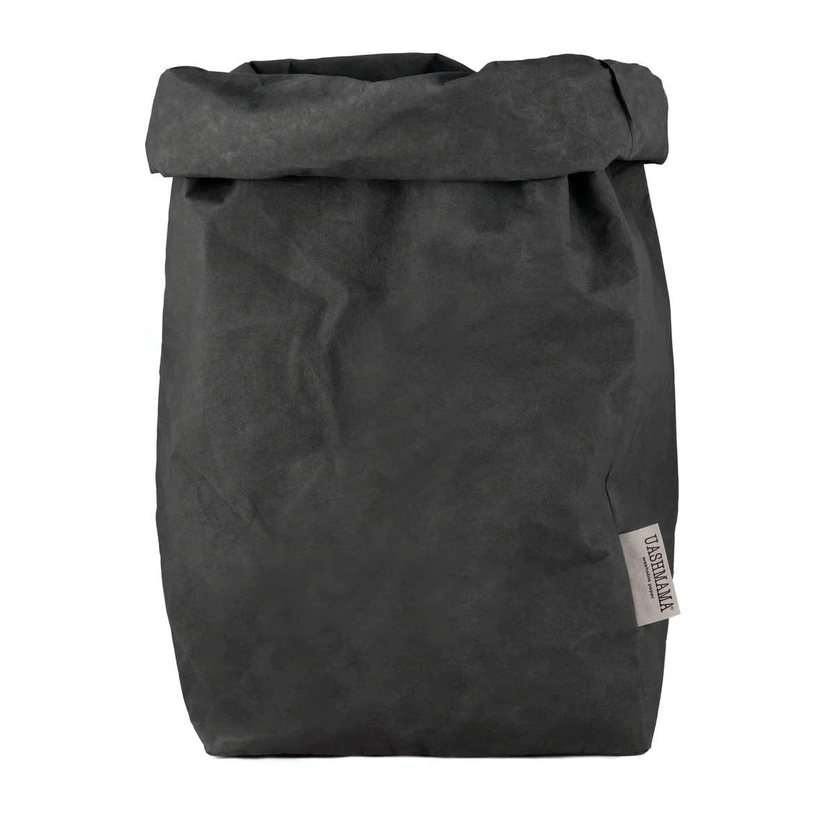 A washable paper bag is shown. The bag is rolled down at the top and features a UASHMAMA logo label on the bottom left corner. The bag pictured is the extra extra large size in dark grey.