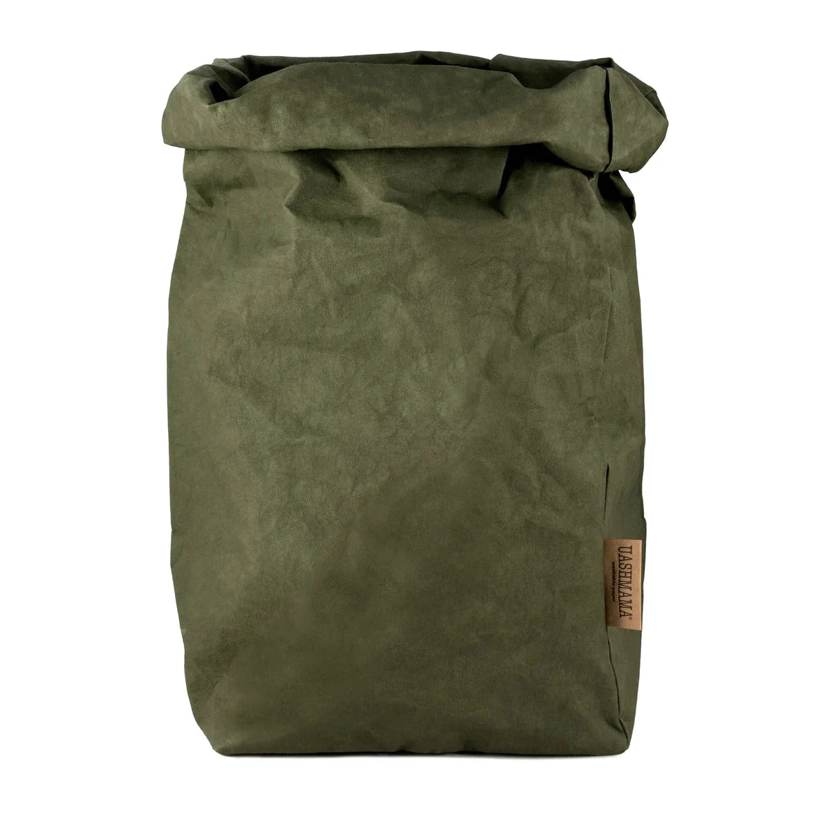 A washable paper bag is shown. The bag is rolled down at the top and features a UASHMAMA logo label on the bottom left corner. The bag pictured is the extra extra large size in dark green.