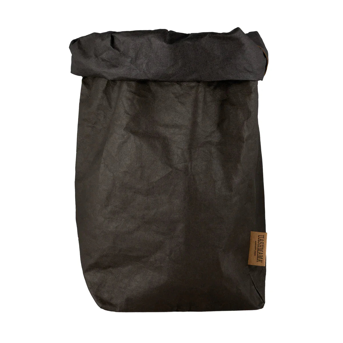 A washable paper bag is shown. The bag is rolled down at the top and features a UASHMAMA logo label on the bottom left corner. The bag pictured is the extra extra large size in brown.