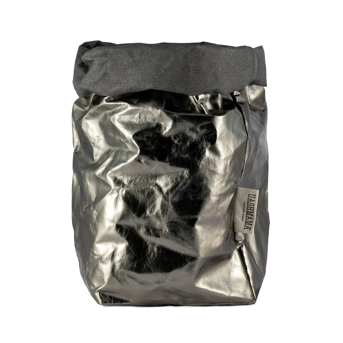 A washable paper bag is shown. The bag is rolled down at the top and features a UASHMAMA logo label on the bottom left corner. The bag pictured is the extra large size in metallic dark grey.