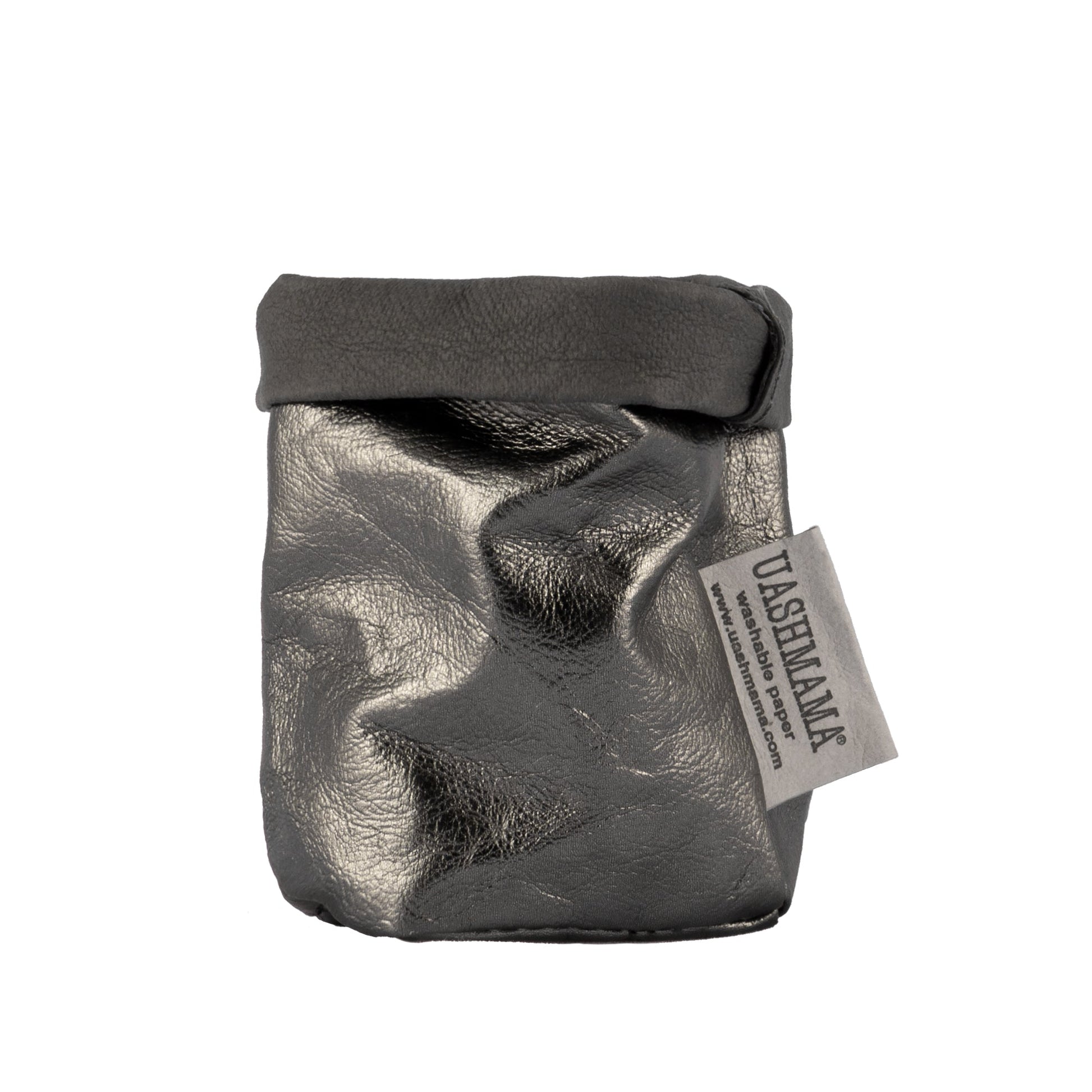 A washable paper bag is shown. The bag is rolled down at the top and features a UASHMAMA logo label on the bottom left corner. The bag pictured is the extra small size in metallic dark grey.