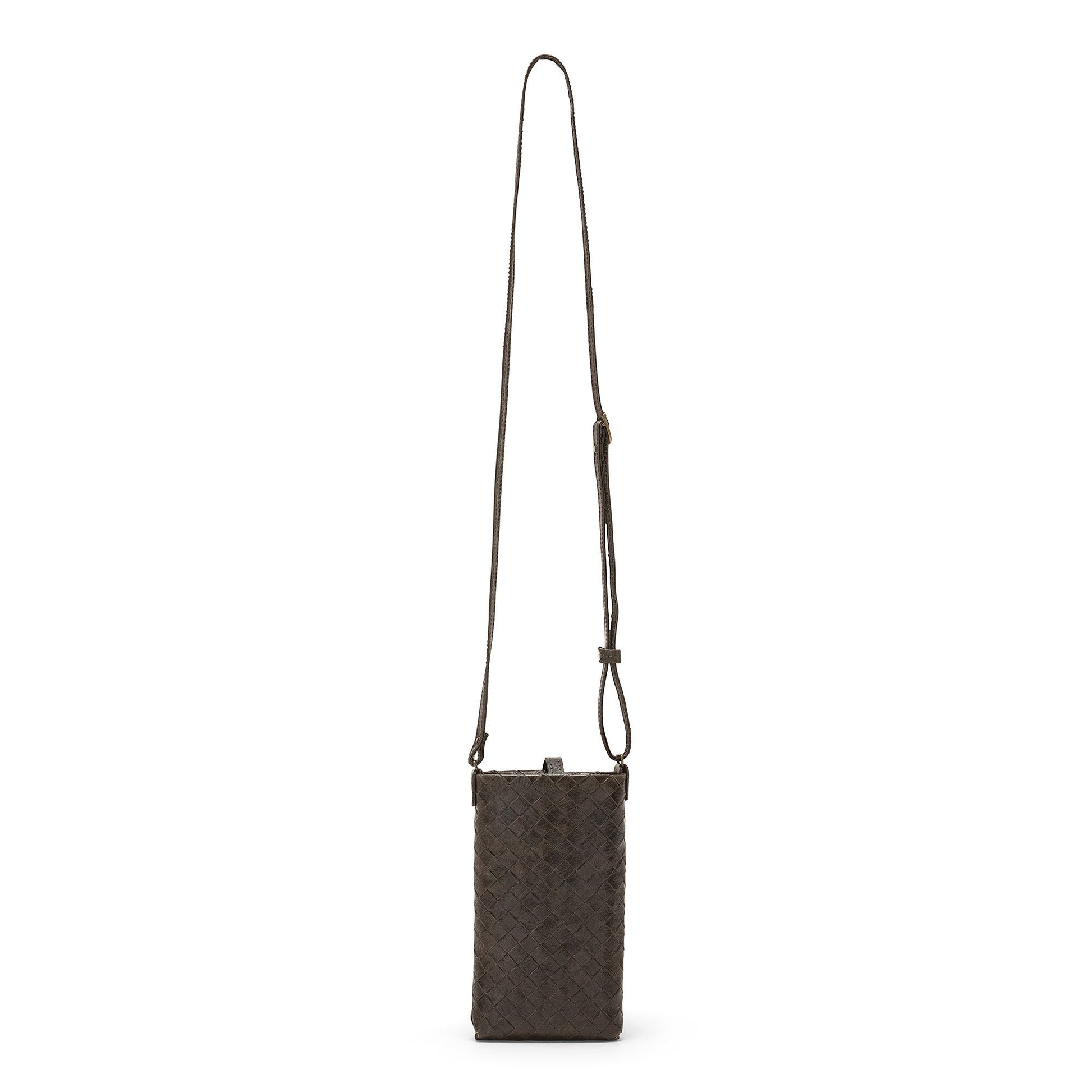 A woven washable paper phone case in dark brown with a long shoulder strap.