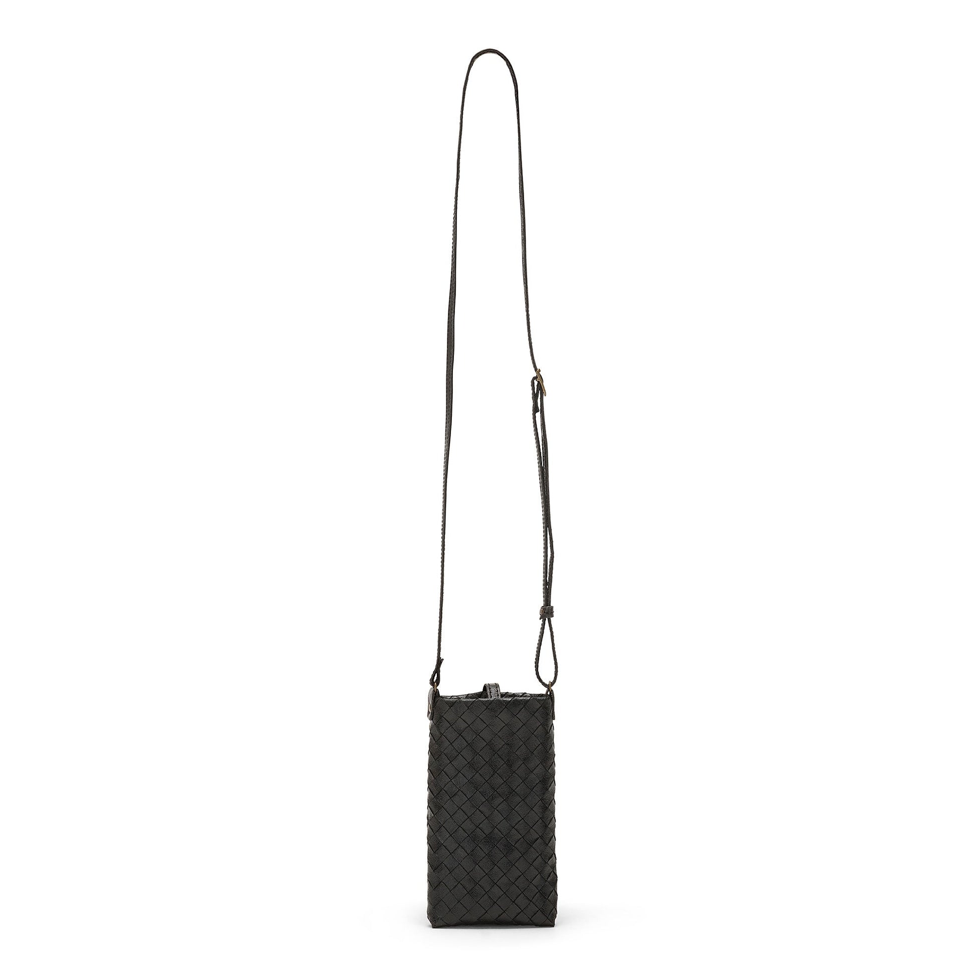 A black woven washable paper phone case with a long shoulder strap.