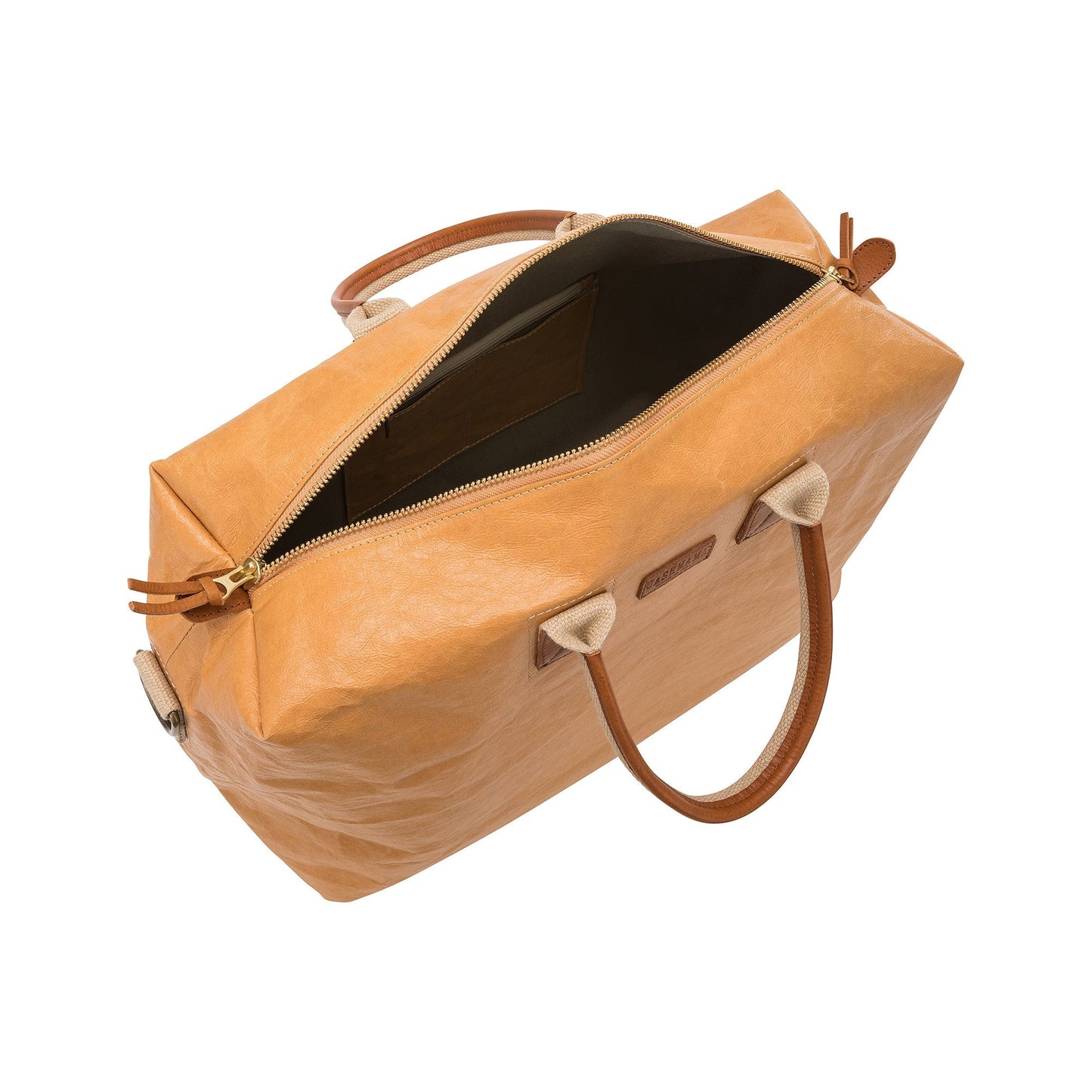 An extra large washable paper holdall is shown from above with the zip open. This shows an internal zipped pocket and organic cotton lining. The bag has two recycled cotton carry handles and a recycled cotton shoulder strap. The bag shown is tan.