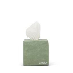 A square tissue box holder made of washable paper is shown, with a white tissue protruding from the top of the box. The UASHMAMA logo is printed in white lettering on the bottom right hand corner of the box. The tissue box cover is sage green.
