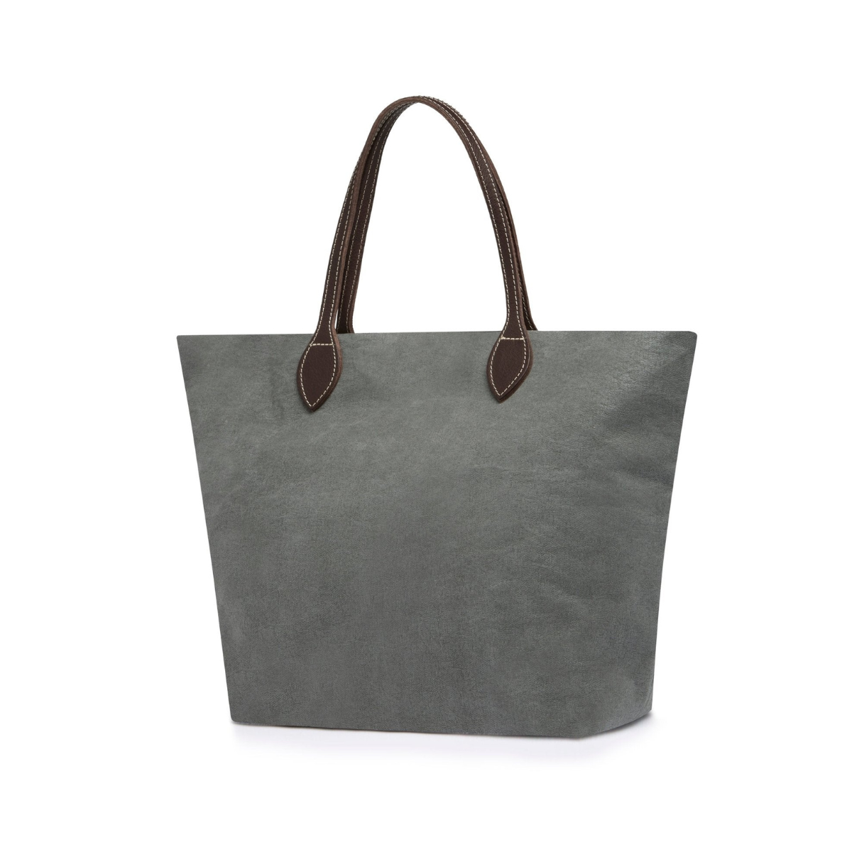 A large washable paper tote is shown. It has two long brown leather handles. The bag shown is in a dark grey colour.