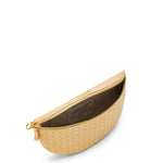 Beige woven pouch with gold zipper on a white background