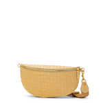 Yellow woven belt bag with a gold zipper on a white background