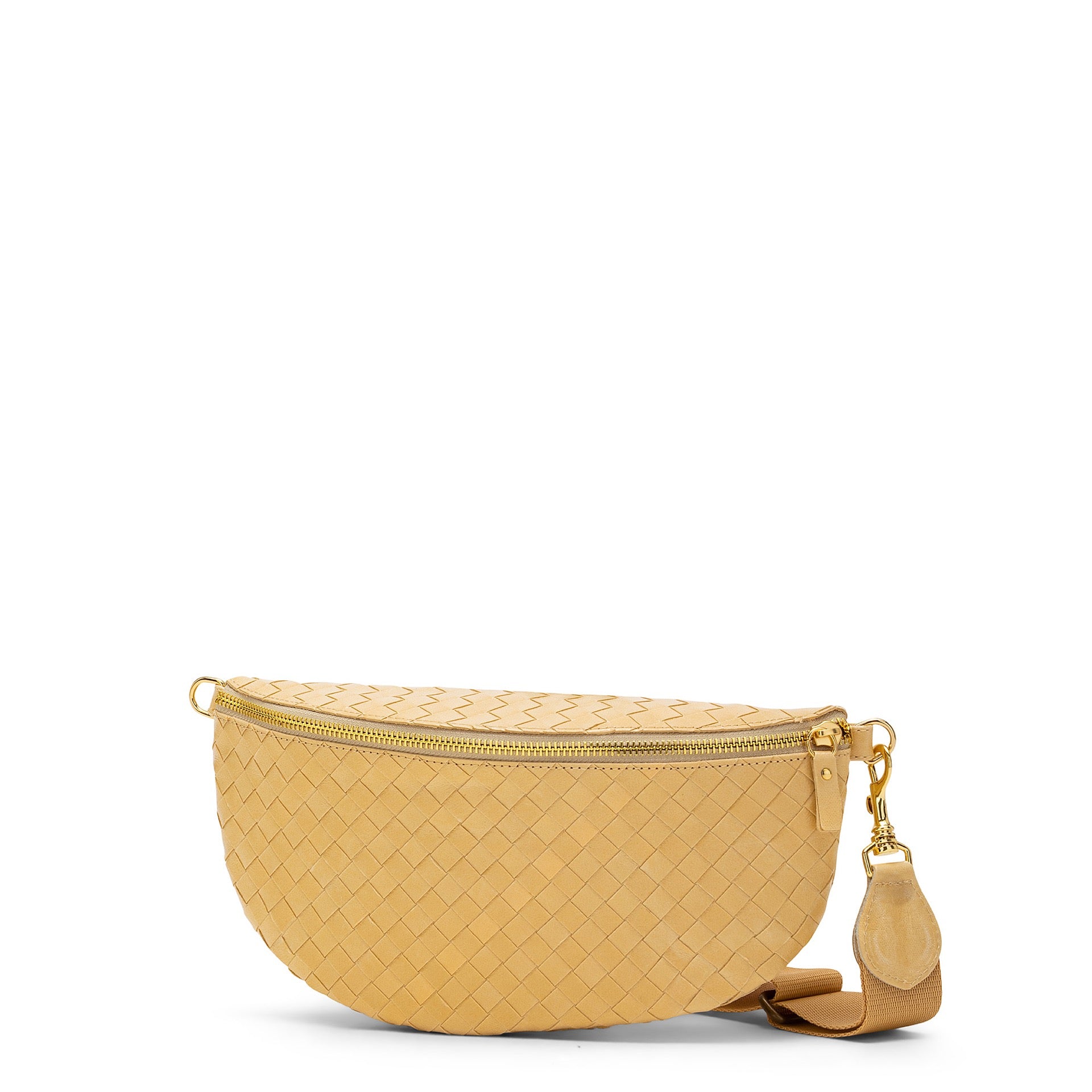 Yellow woven belt bag with a gold zipper on a white background