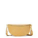 Yellow woven handbag with gold zipper and accents on a white background