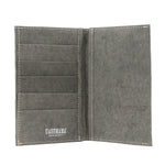 A washable paper large wallet is shown open. On the left hand side are 5 credit card slots. On the right hand side is one large pocket. The UASHMAMA logo is shown on the bottom left of the wallet. The colour of the wallet is dark grey.