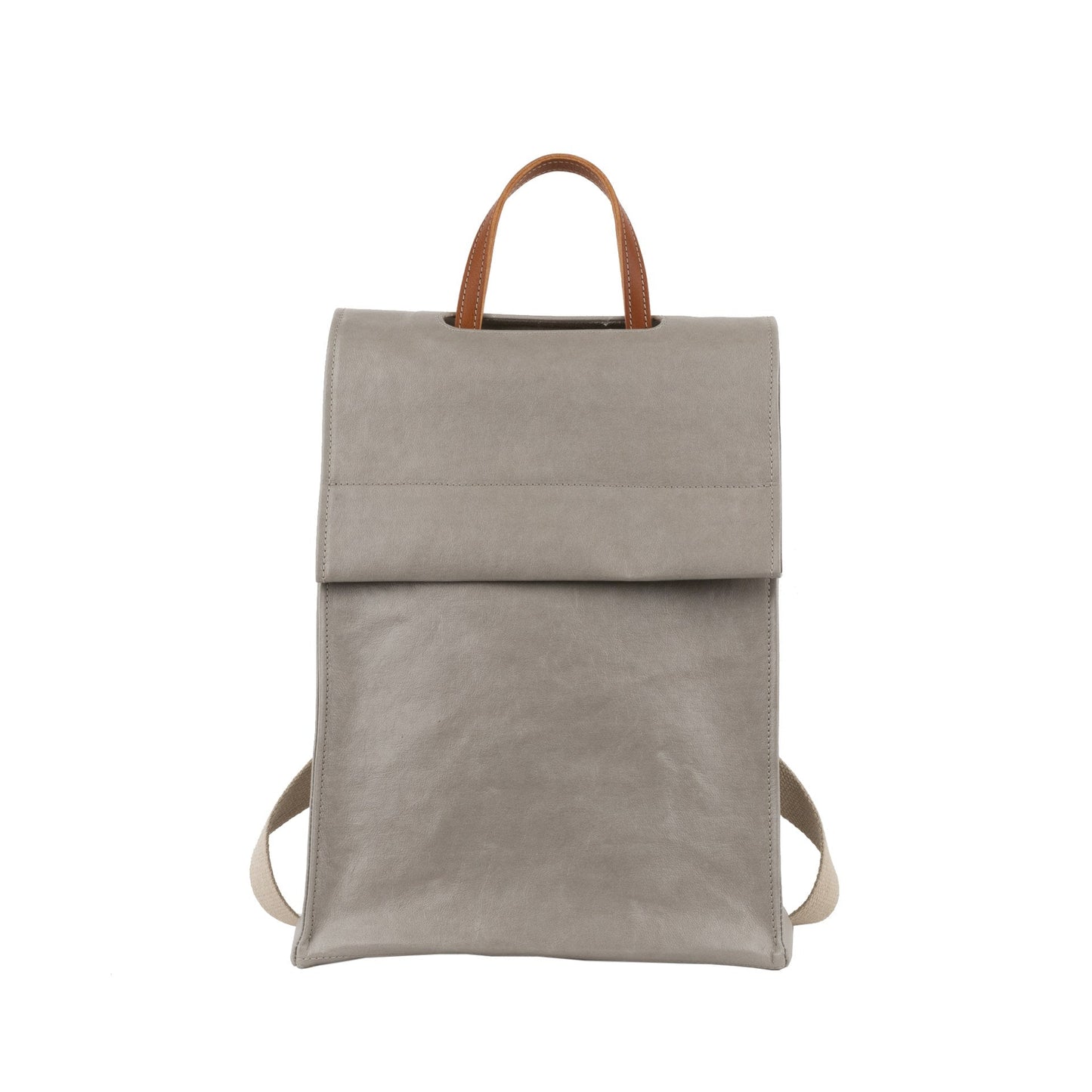 A tall rectangular square-edged washable paper backpack with a front flap and a brown top handle is shown in grey, with white stitching.