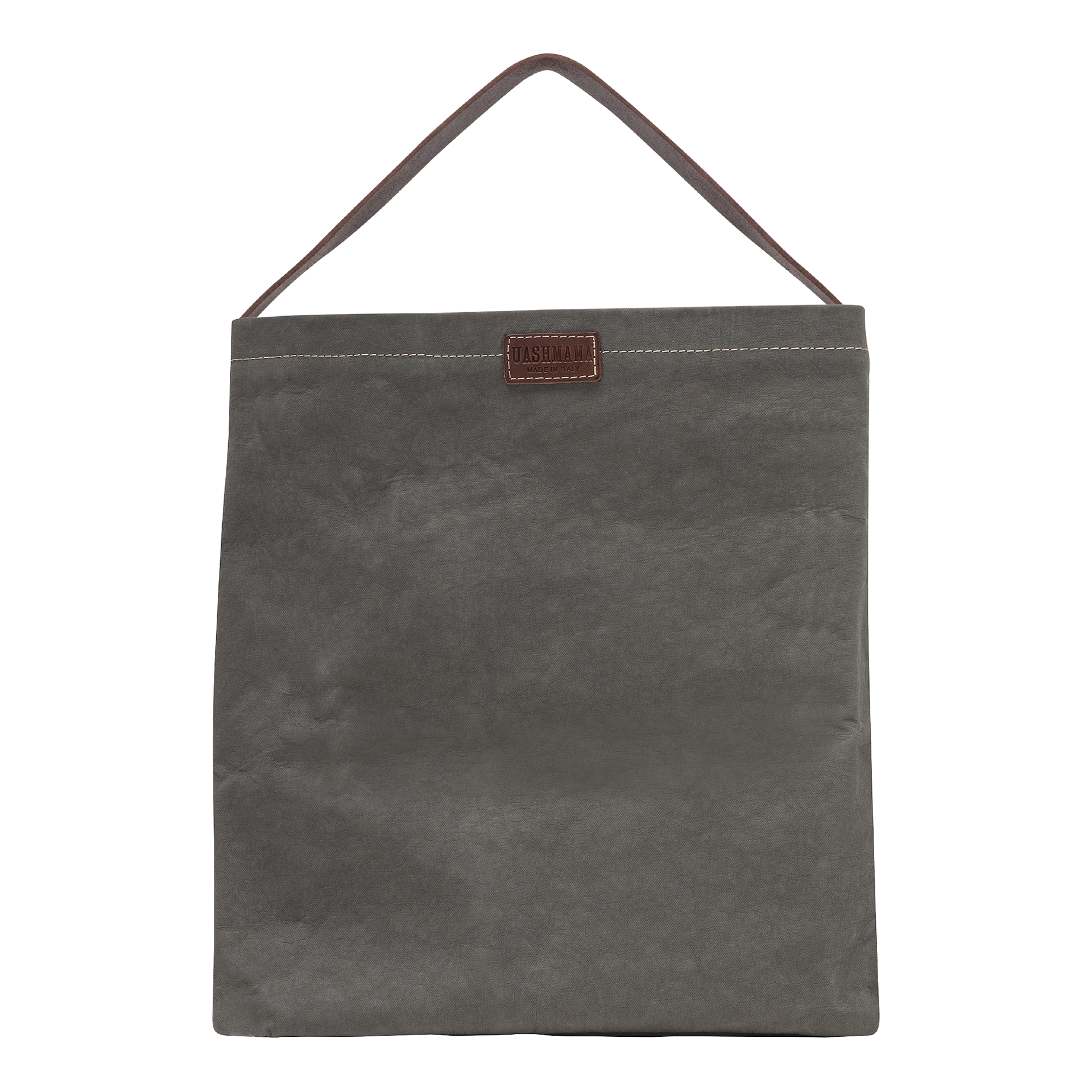 A grey washable paper handbag is shown from the front. It features a singular top handle in chocolate brown, and a brown UASHMAMA logo stamp on the front.