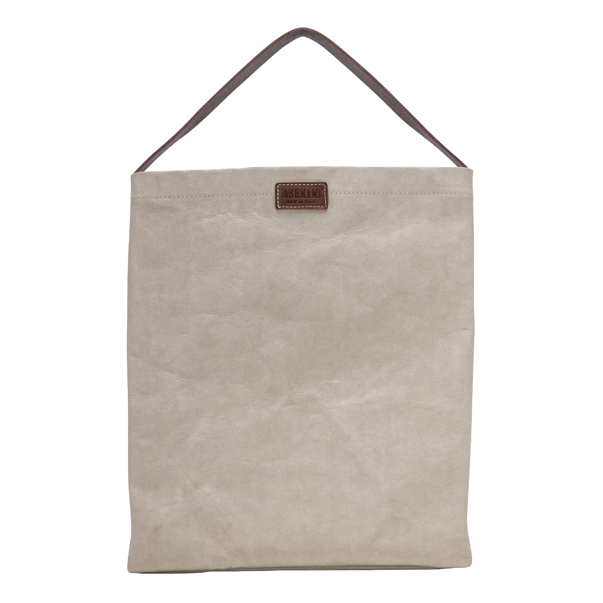 A cream washable paper handbag is shown from the front. It features a singular top handle in chocolate brown, and a brown UASHMAMA logo stamp on the front.