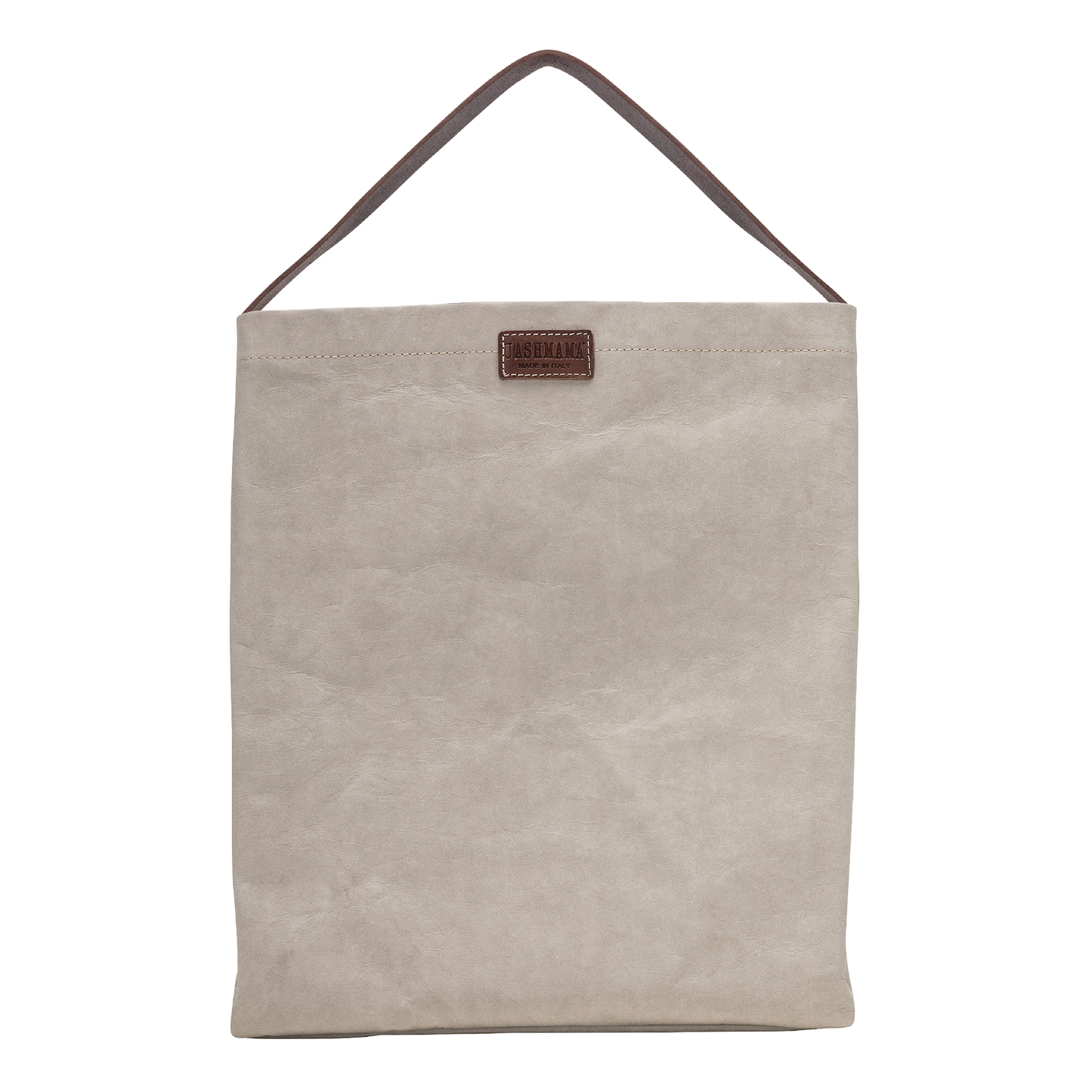 A cream washable paper handbag is shown from the front. It features a singular top handle in chocolate brown, and a brown UASHMAMA logo stamp on the front.