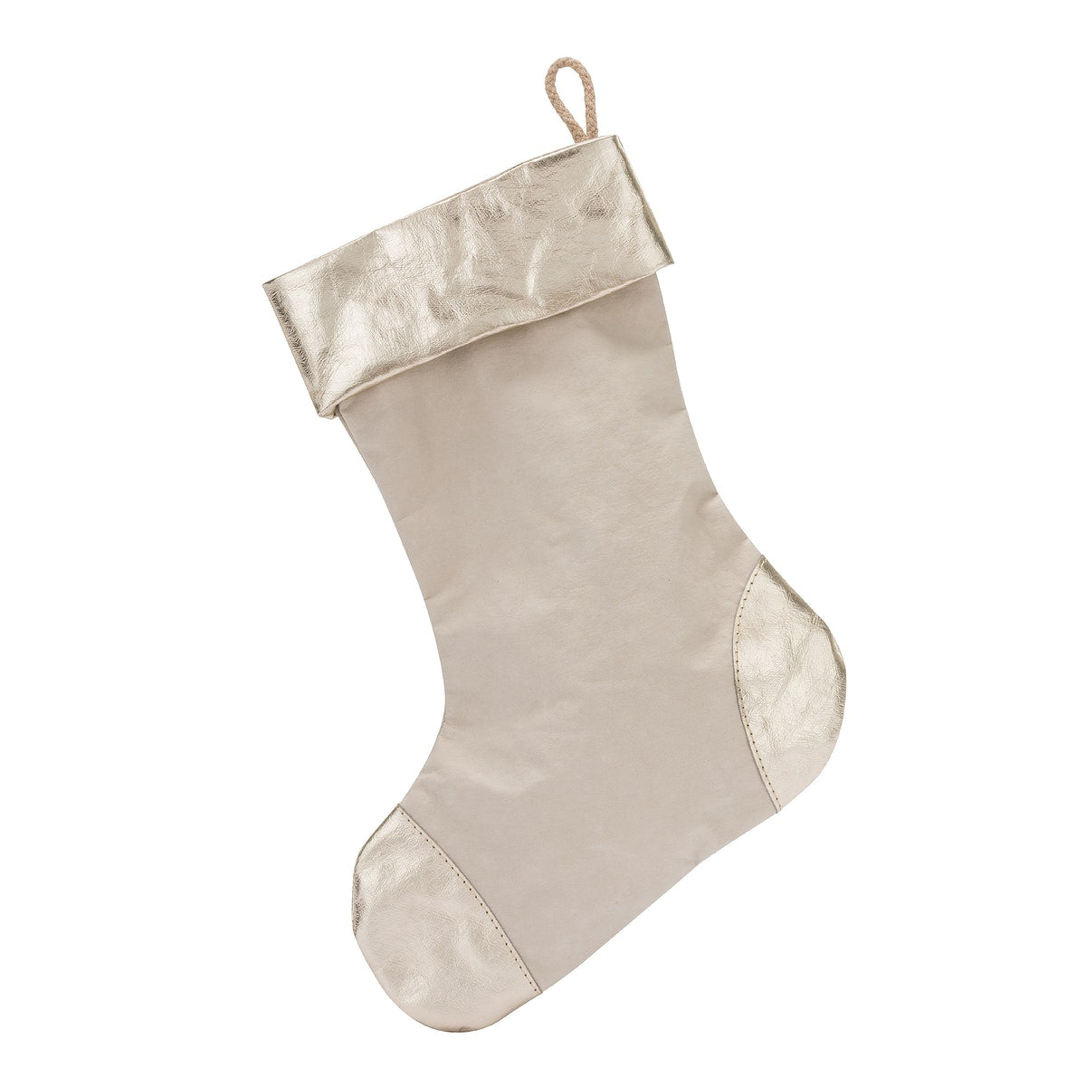 A washable paper Christmas stocking is shown. The body of the stocking is pale cream in colour. There is a fabric hanging loop on the back of the stocking at the top. The cuff, heel and toe of the stocking are metallic platinum.