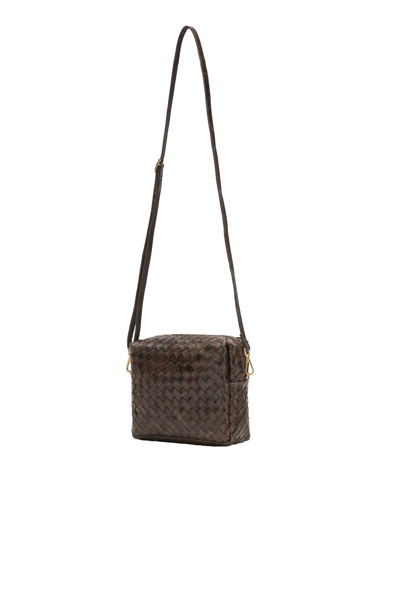 A small woven washable paper handbag is shown with a long washable paper shoulder strap. The bag shown is dark brown.
