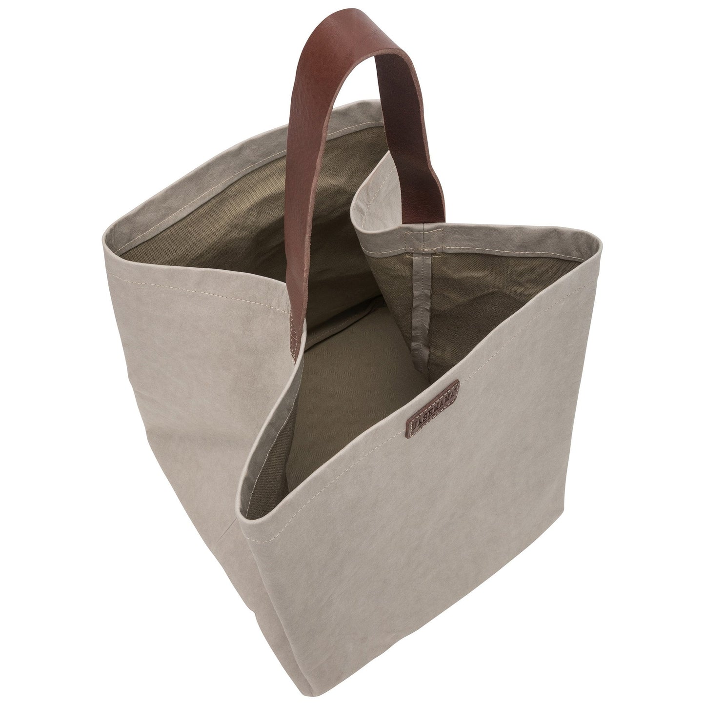 A grey washable paper handbag is shown open from the top angle.