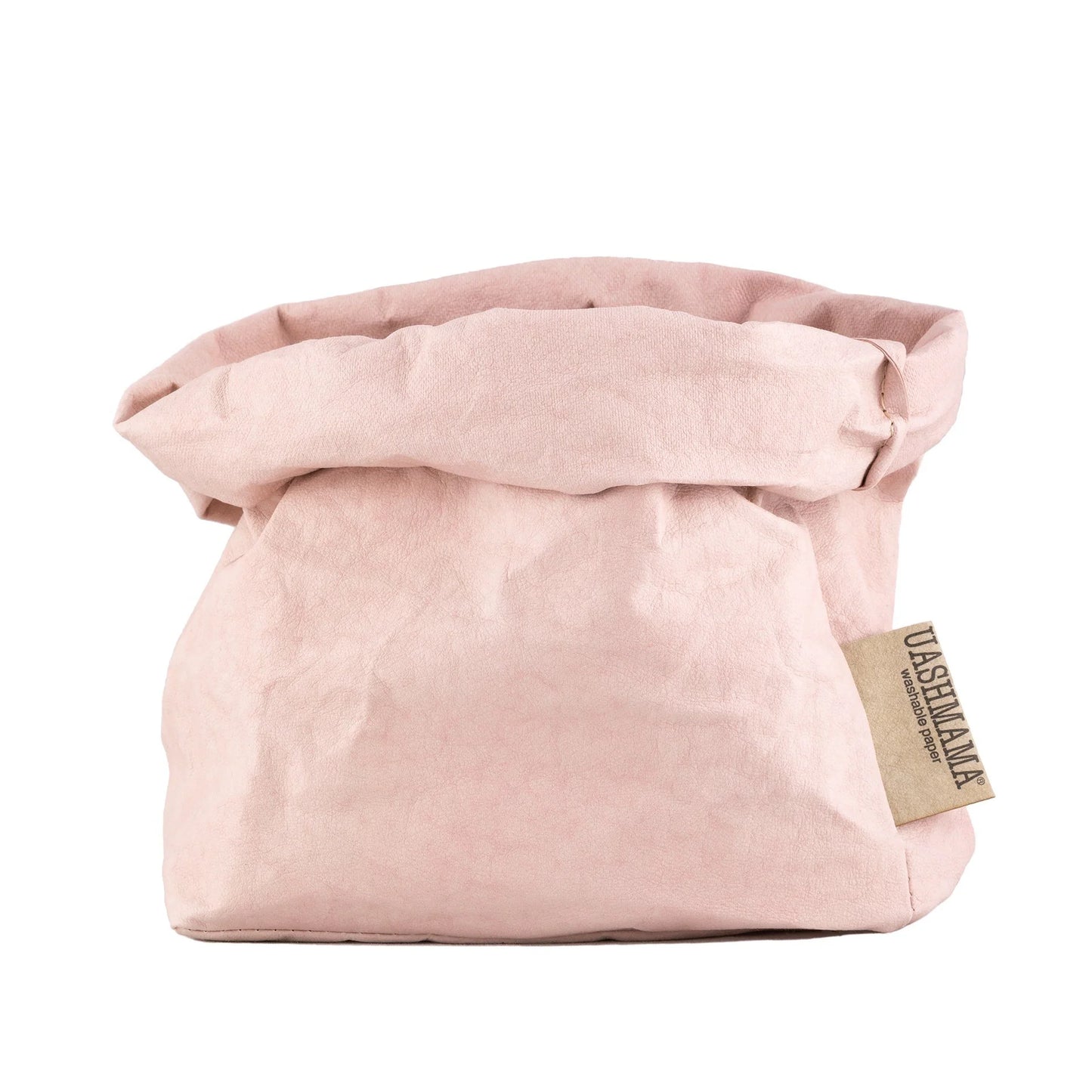 A washable paper bag in medium in pale pink. The top is rolled down and the bag is empty.
