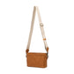 A rectangular washable paper handbag with an external side pocket is shown. The bag has a canvas strap, washable paper details and metal fastening clips to attach the straps to the bag. The bag closes by a zip. The bag shown is tan with a wheat strap.